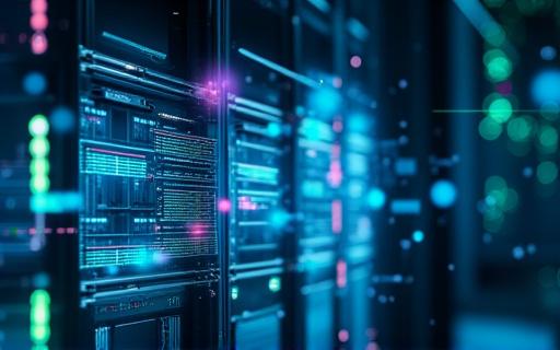 サーバーラックとデジタルインターフェースの抽象的な画像