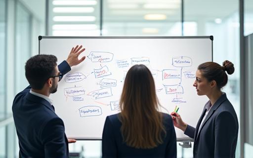 戦略会議でホワイトボードにアイデアを書き出すビジネスチーム